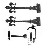 A Pair of 16" Fleur de Lys Hinges with Matching Suffolk Latch in Cast Iron JAB90